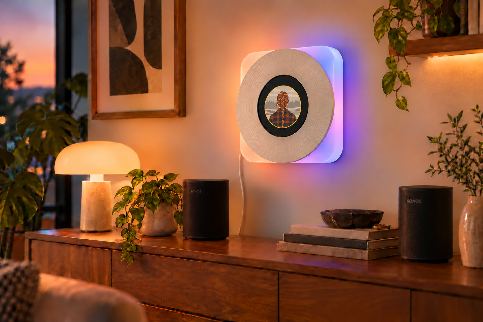 Concept render of wall-mounted SPNDL-QT Aura with an ivory disc and black bezel above a walnut sideboard, alongside Sonos speakers and warm room lighting; a white power cable runs down its left side