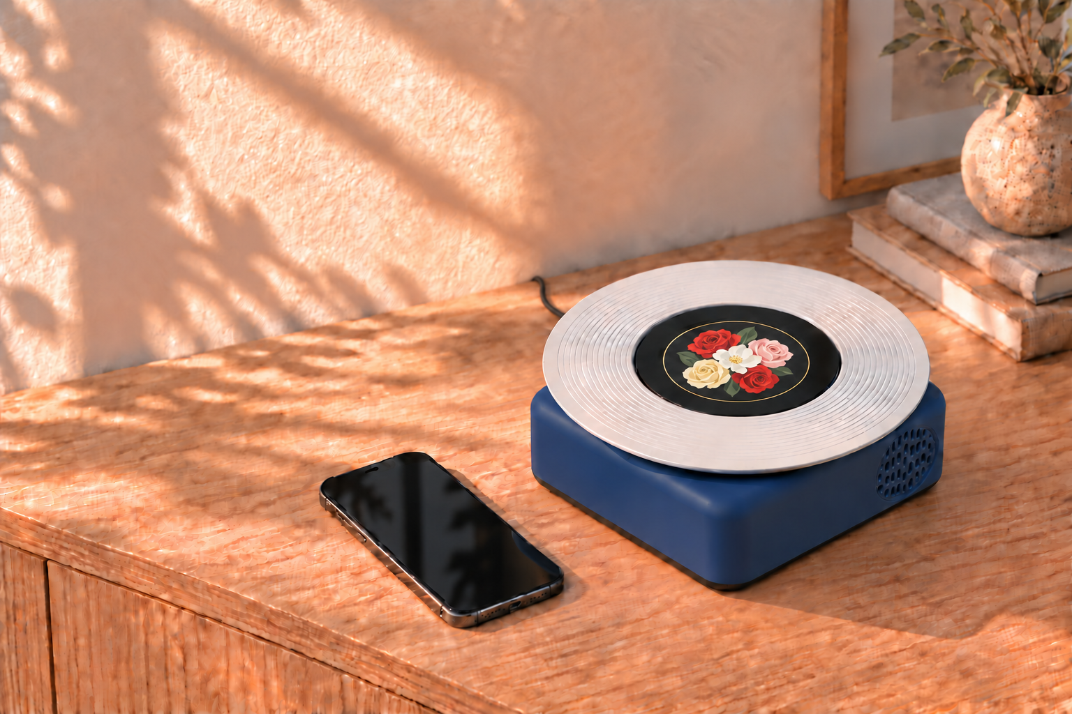 Current SPNDL+ design visualization with a honeycomb speaker grille, black floor and bezel, beside an iPhone on a warm oak benchtop, with its USB-C power cable disappearing behind the desk